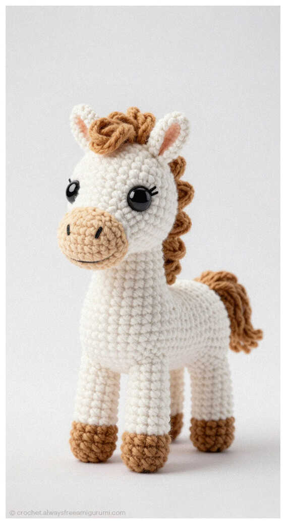 Crochet horse amigurumi in white and brown tones standing upright, handmade nursery decor inspiration