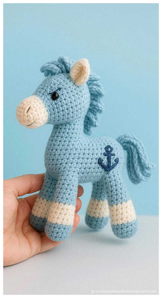 Blue crochet horse amigurumi with light mane and tail, handmade nursery decor toy held in hand