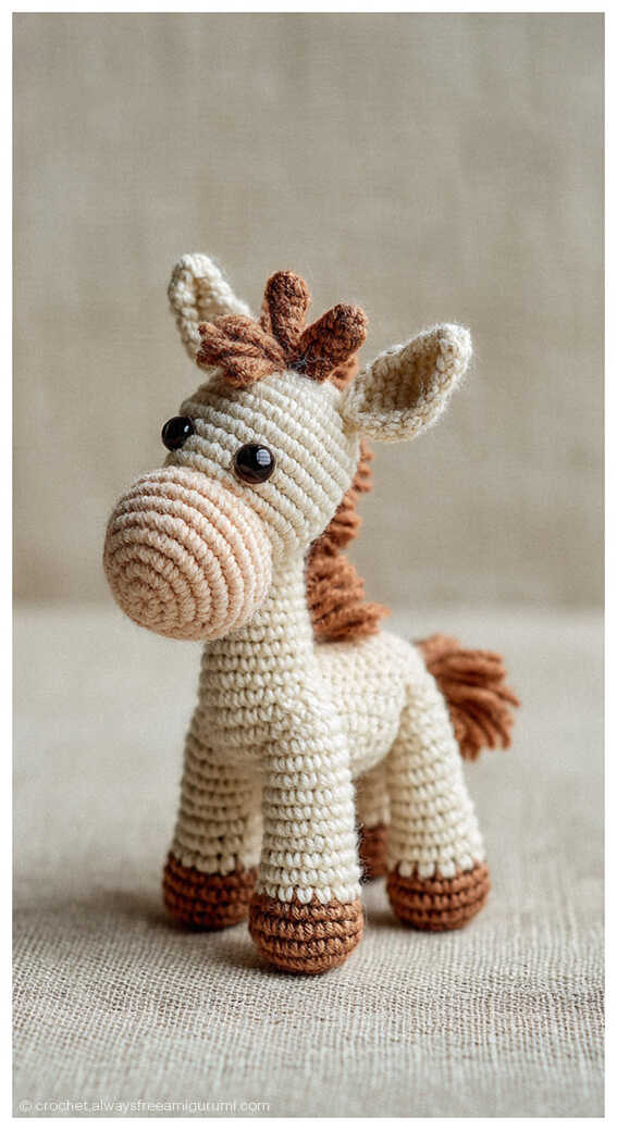 Beige and brown crochet horse amigurumi toy standing upright, handmade baby gift and nursery decor idea