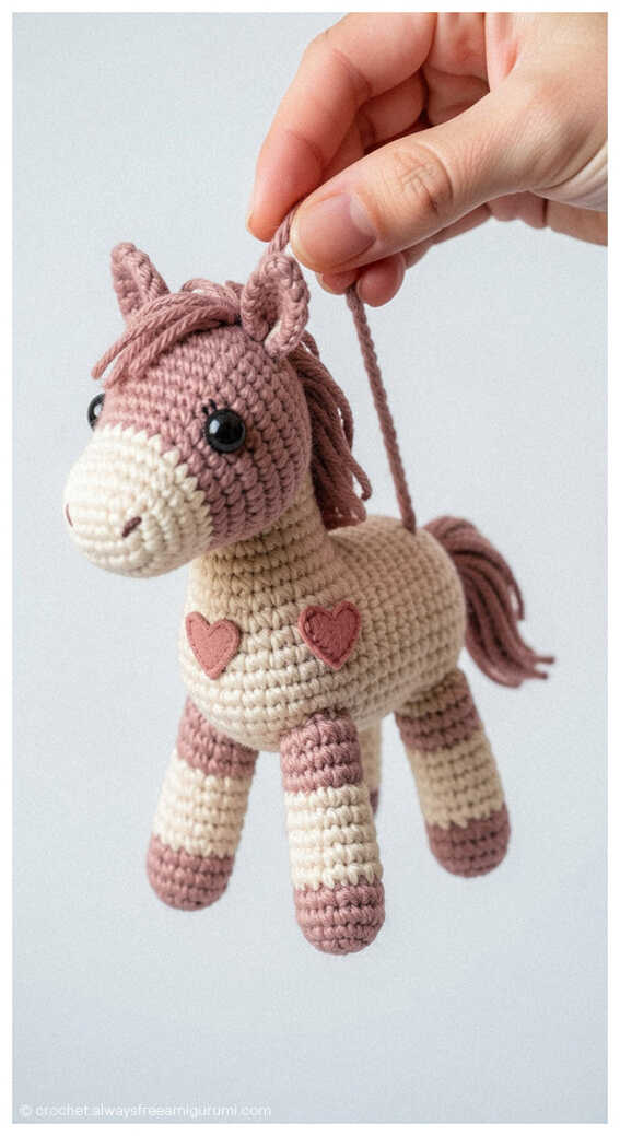 Small crochet horse amigurumi with heart details held by a string, handmade baby gift and nursery decor idea