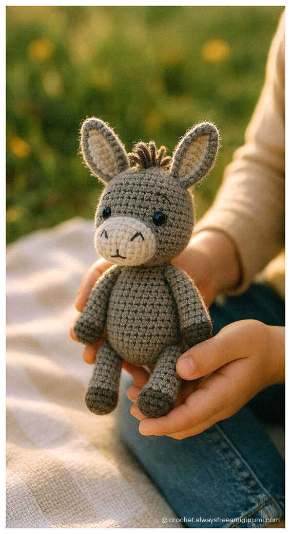 DIY Crochet Gift Idea: Free no sew sleepy donkey for nursery gift sets, AI generated version.